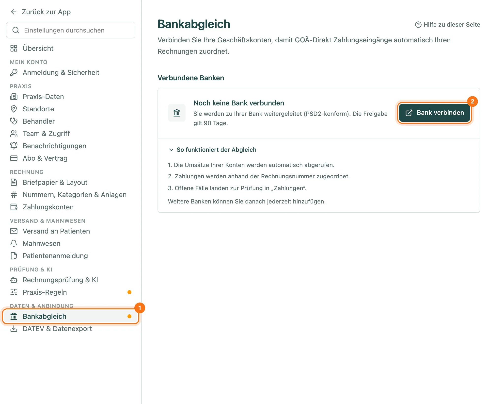 Einstellungen, Bereich Daten und Anbindung, Seite Bankabgleich mit dem Button Bank verbinden