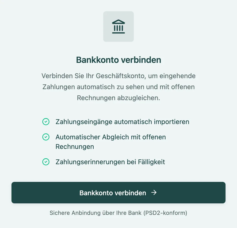 Seite Zahlungen ohne Bankverbindung mit dem Button Bankkonto verbinden