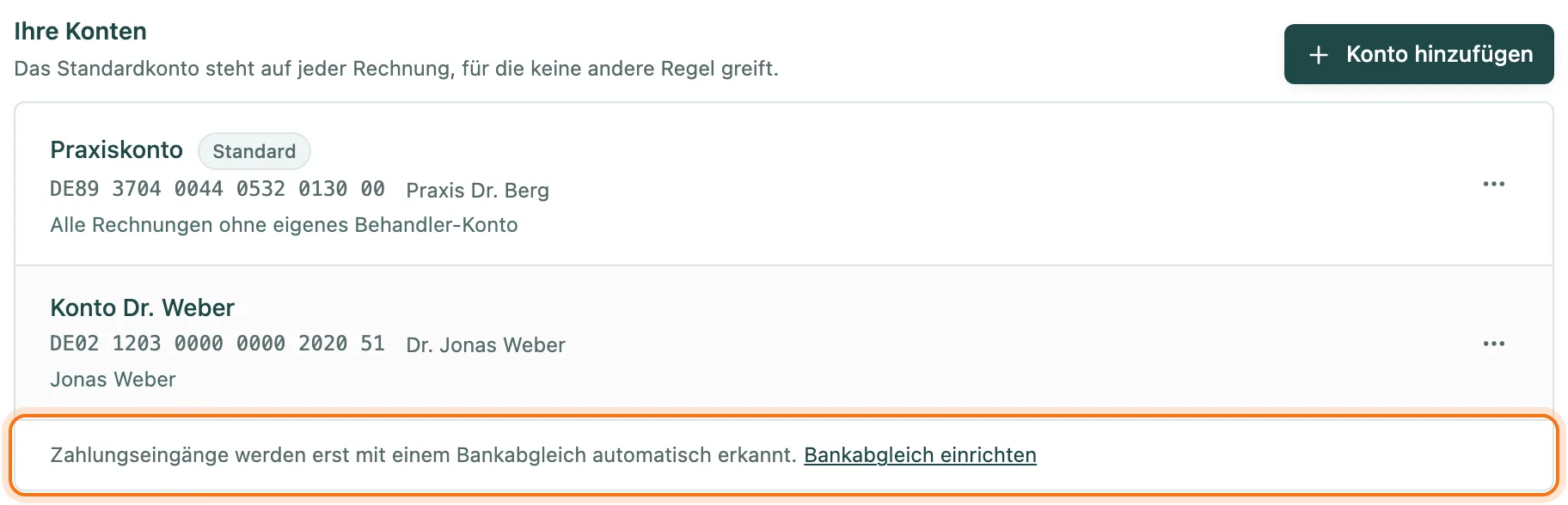 Zahlungskonten mit dem Hinweis, dass Zahlungseingänge erst mit einem Bankabgleich automatisch erkannt werden