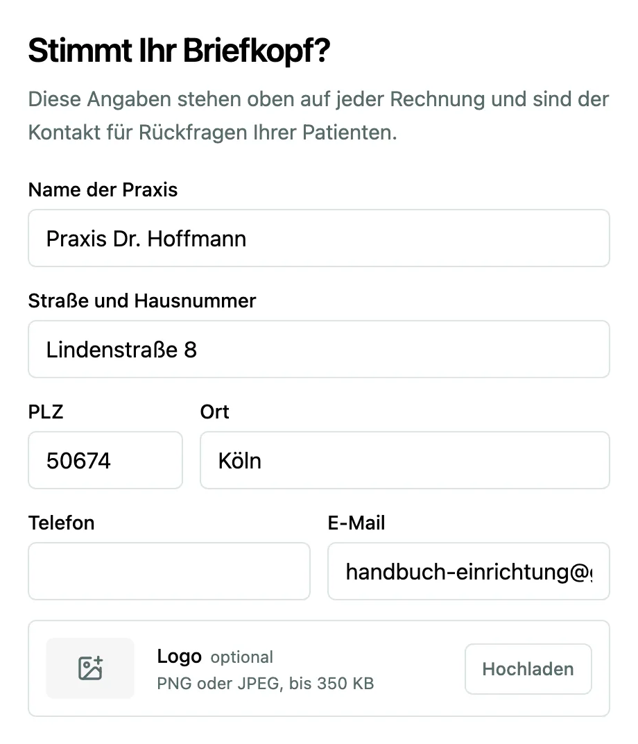 Schritt Briefkopf mit Name, Anschrift, Telefon, E-Mail und Logo