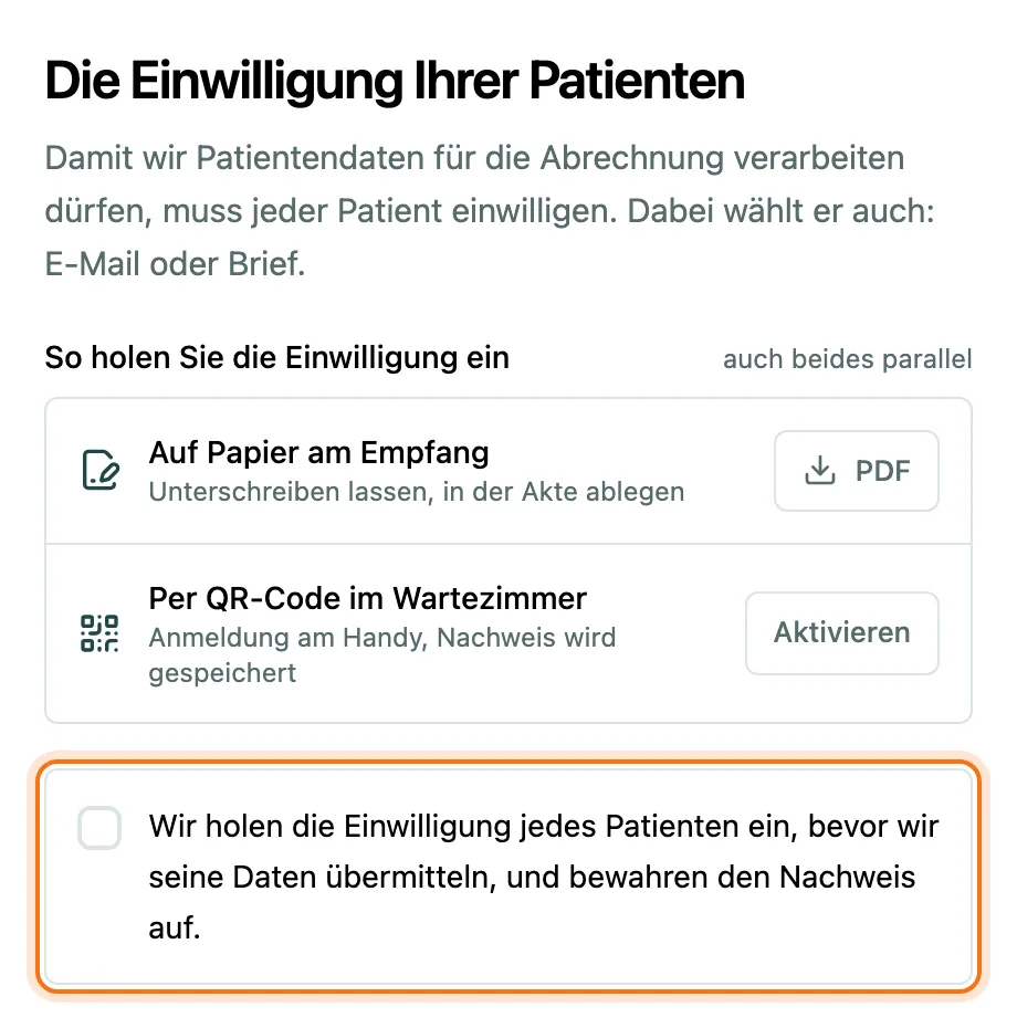 Schritt Einwilligung mit den Wegen Papier und QR-Code und der Bestätigung