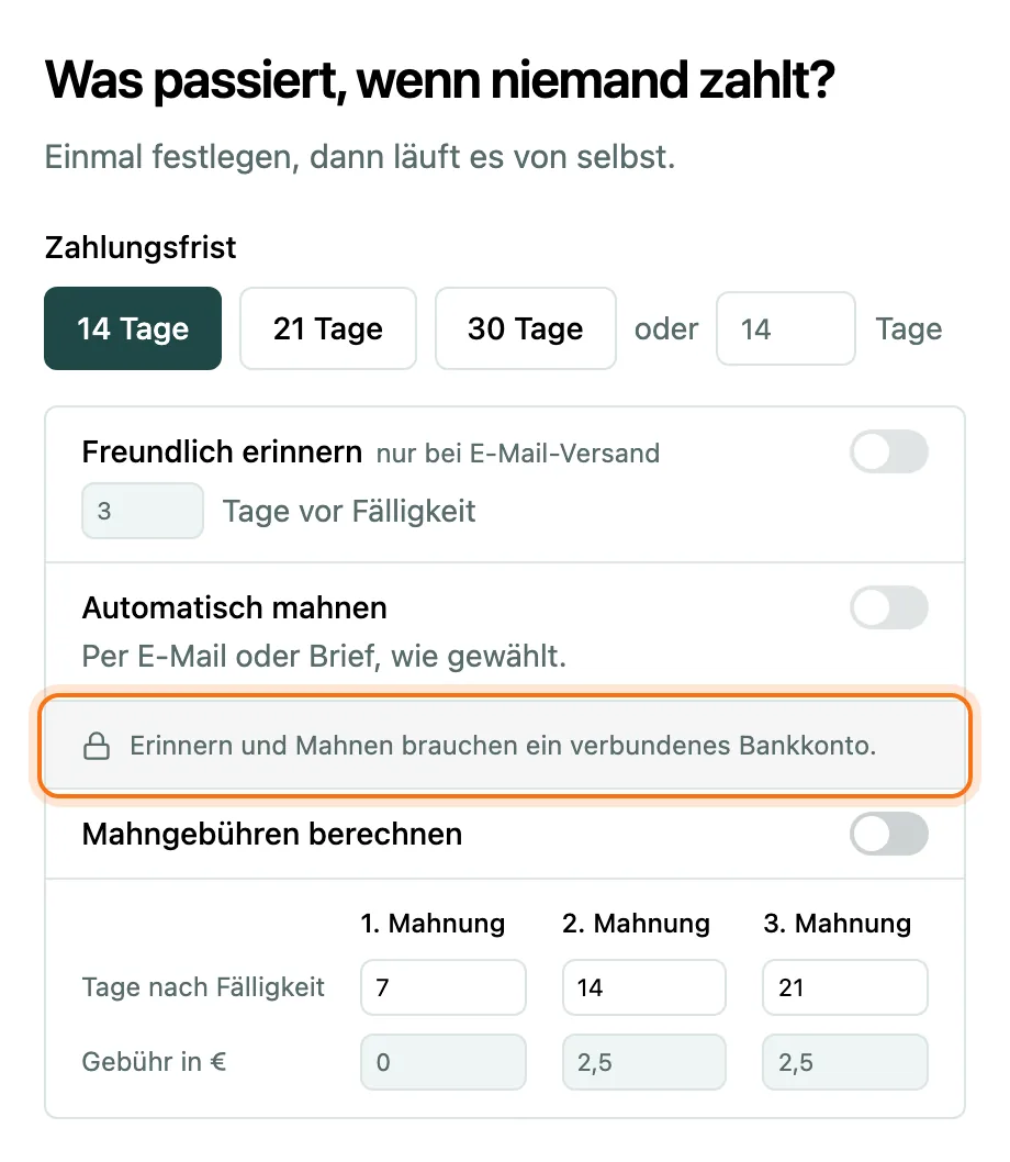 Schritt Mahnwesen mit Zahlungsfrist, Erinnerung, automatischen Mahnungen und Mahngebühren
