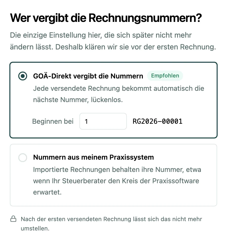 Schritt Rechnungsnummern mit den Möglichkeiten GOÄ-Direkt vergibt die Nummern und Nummern aus meinem Praxissystem