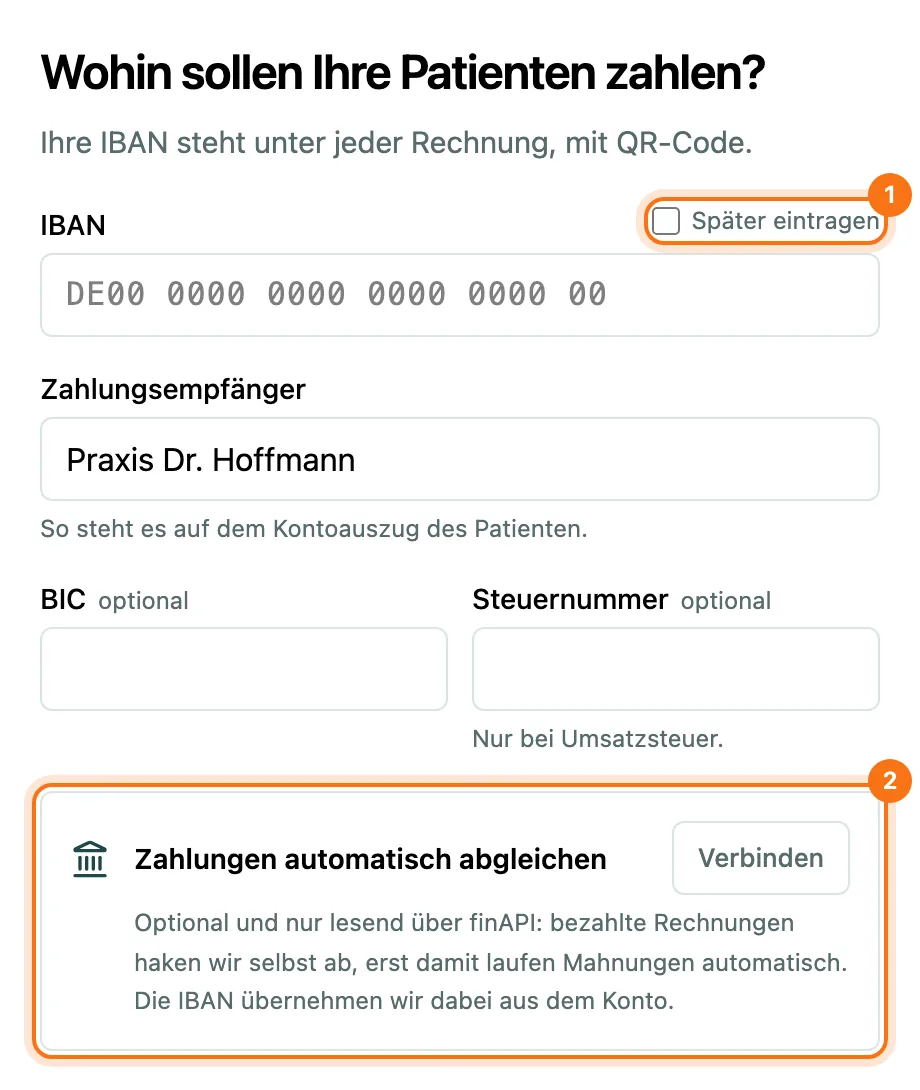 Schritt Zahlung mit IBAN, Zahlungsempfänger und dem Angebot, das Bankkonto zu verbinden