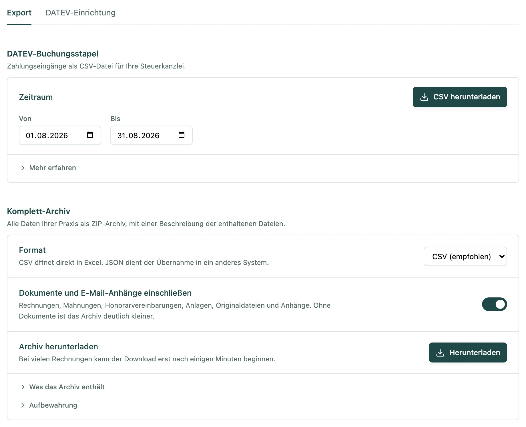 Reiter Export mit DATEV-Buchungsstapel und Komplett-Archiv