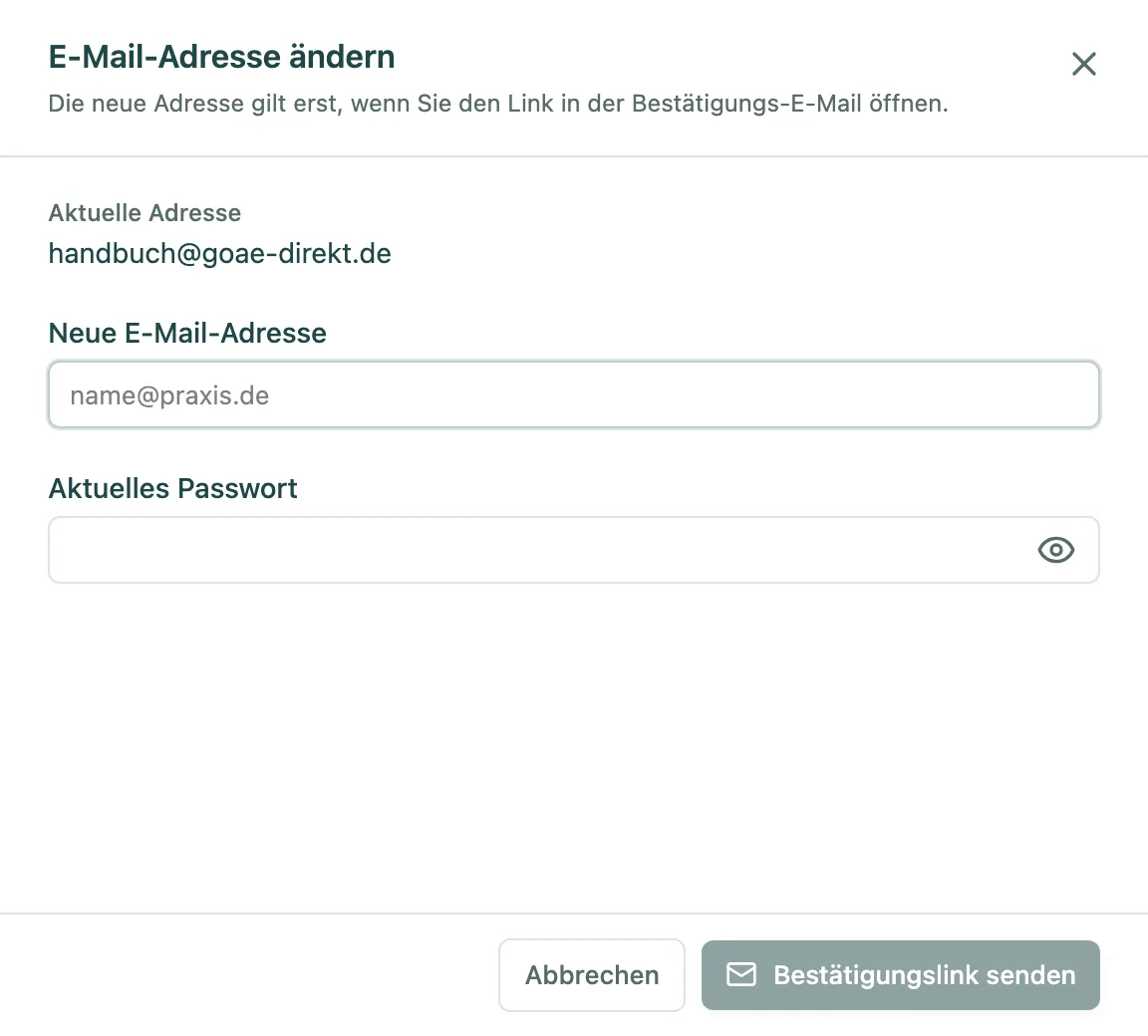 Fenster E-Mail-Adresse ändern mit neuer Adresse und aktuellem Passwort