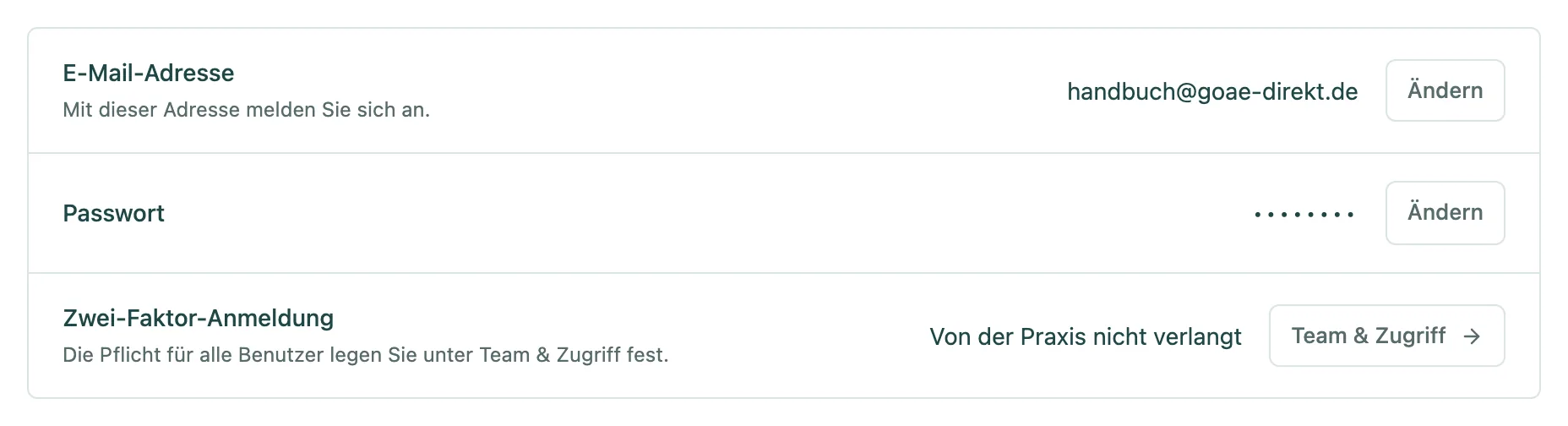 Seite Anmeldung & Sicherheit mit E-Mail-Adresse, Passwort und Zwei-Faktor-Anmeldung