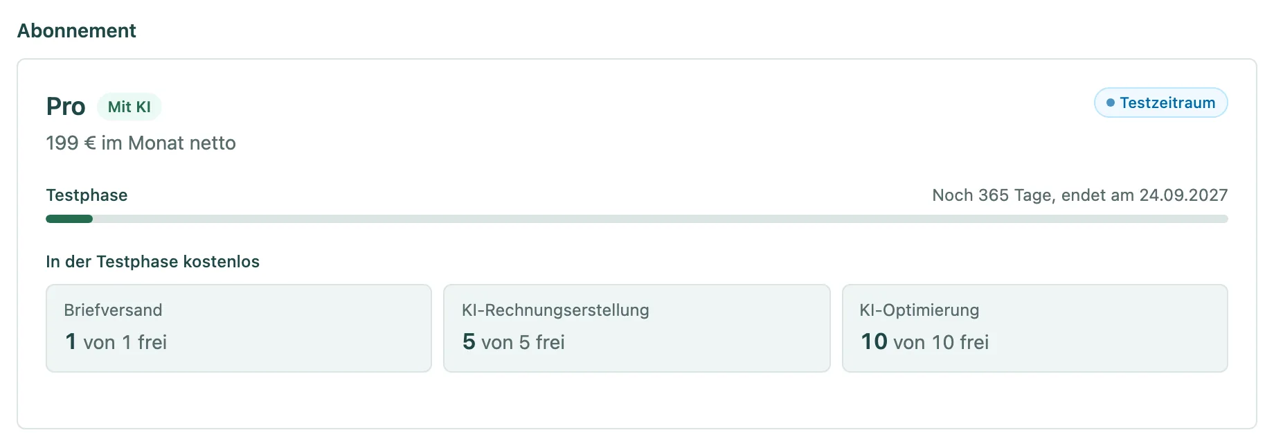 Abschnitt Abonnement mit Stufe Pro, Testphase und den kostenlosen Kontingenten
