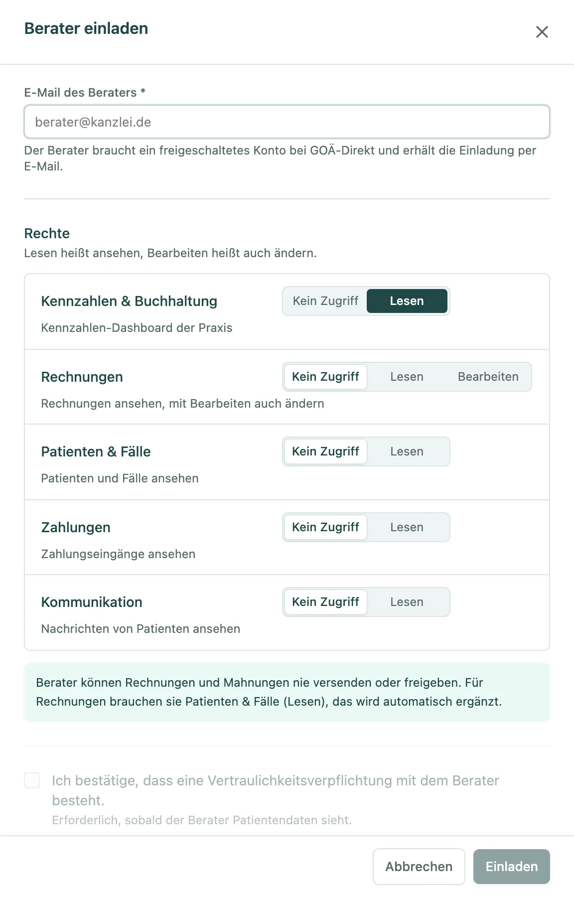 Fenster Berater einladen mit E-Mail des Beraters und Rechten