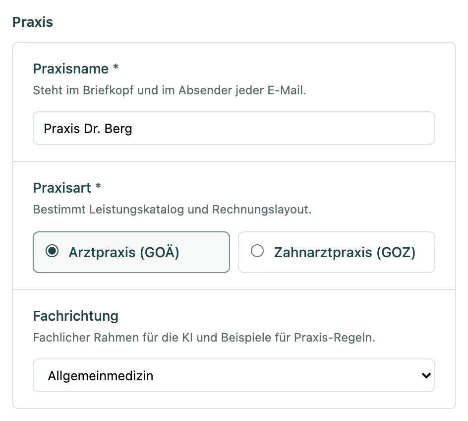 Gruppe Praxis mit Praxisname, Praxisart und Fachrichtung