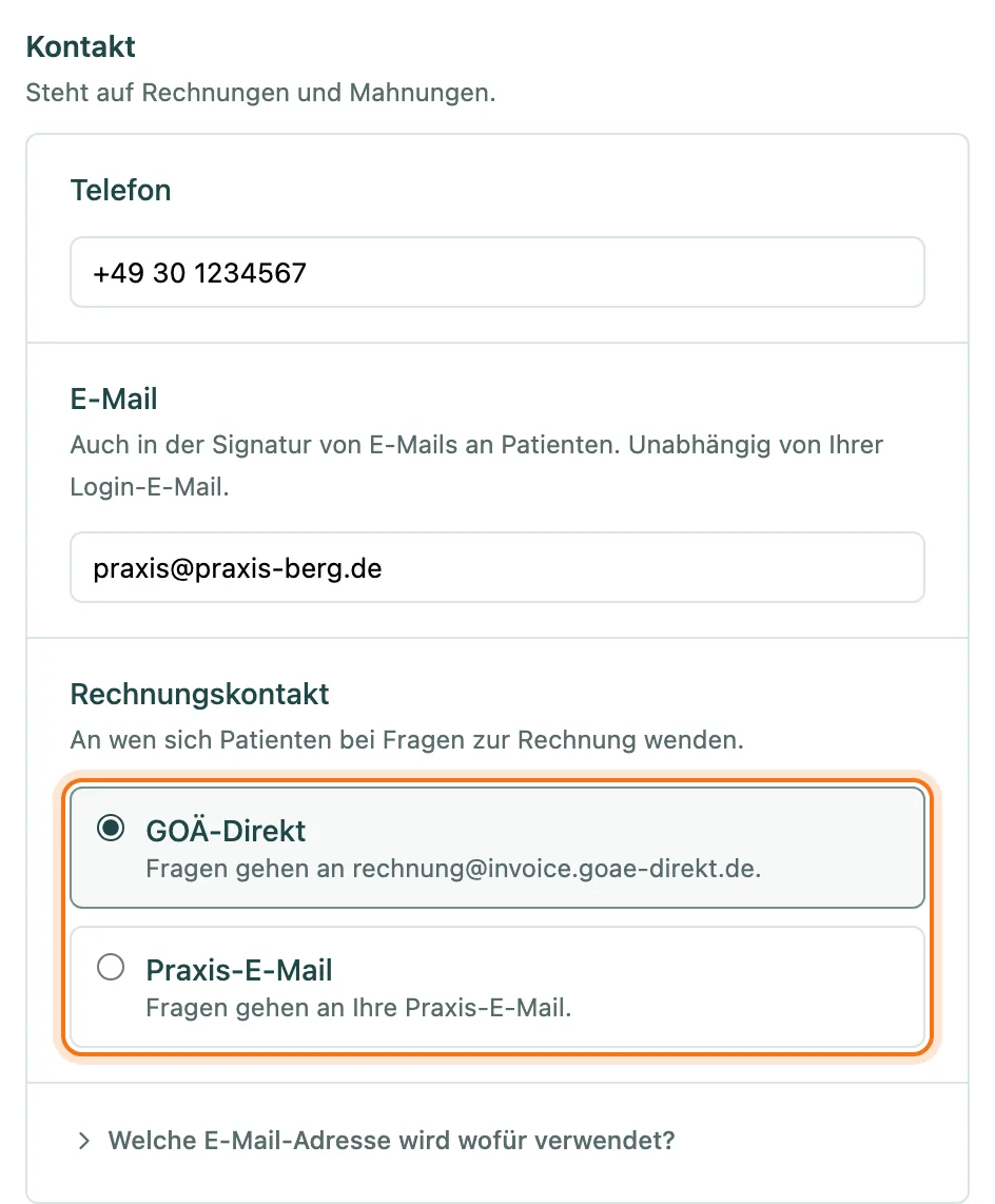 Auswahl Rechnungskontakt mit den Optionen GOÄ-Direkt und Praxis-E-Mail