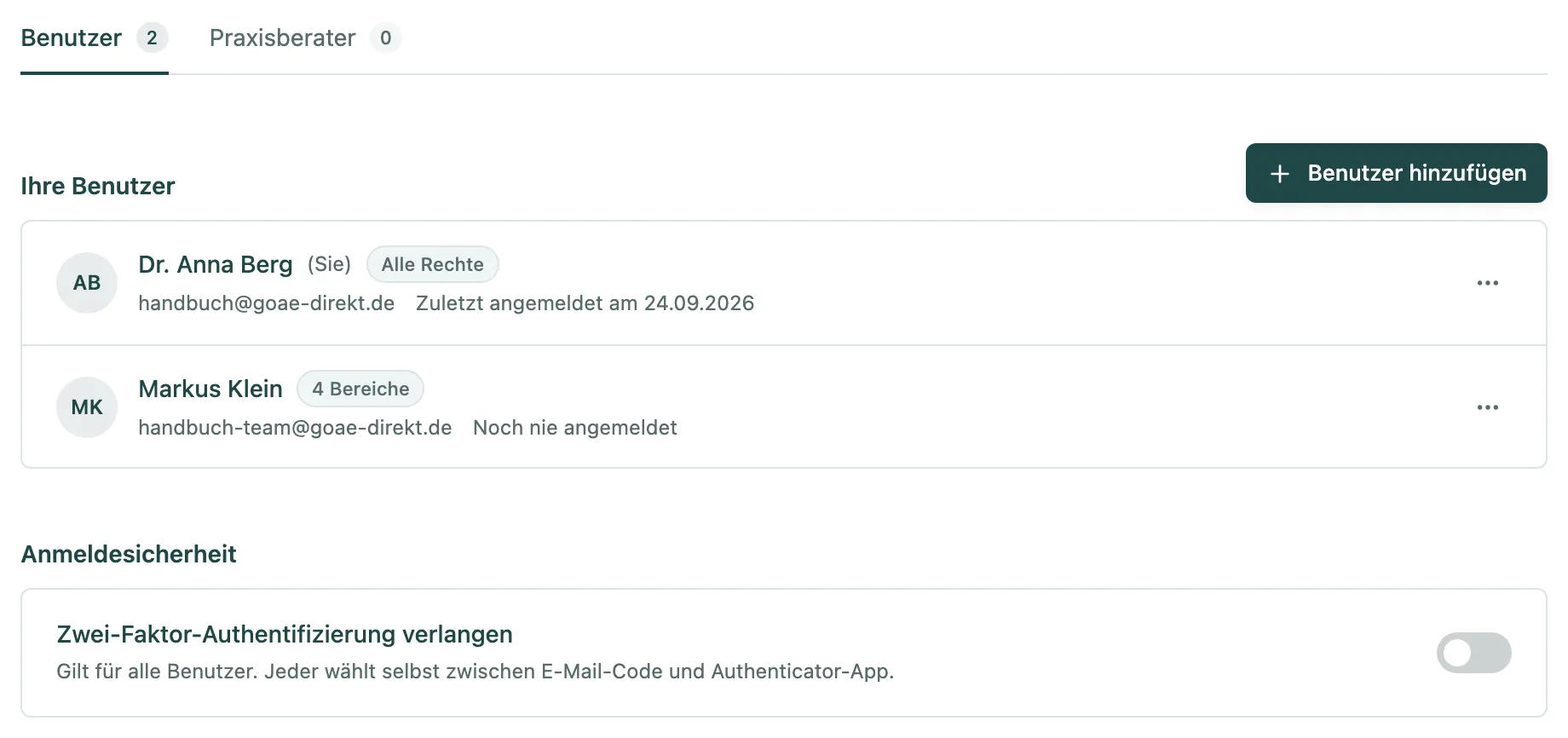 Reiter Benutzer mit zwei Benutzern und dem Abschnitt Anmeldesicherheit