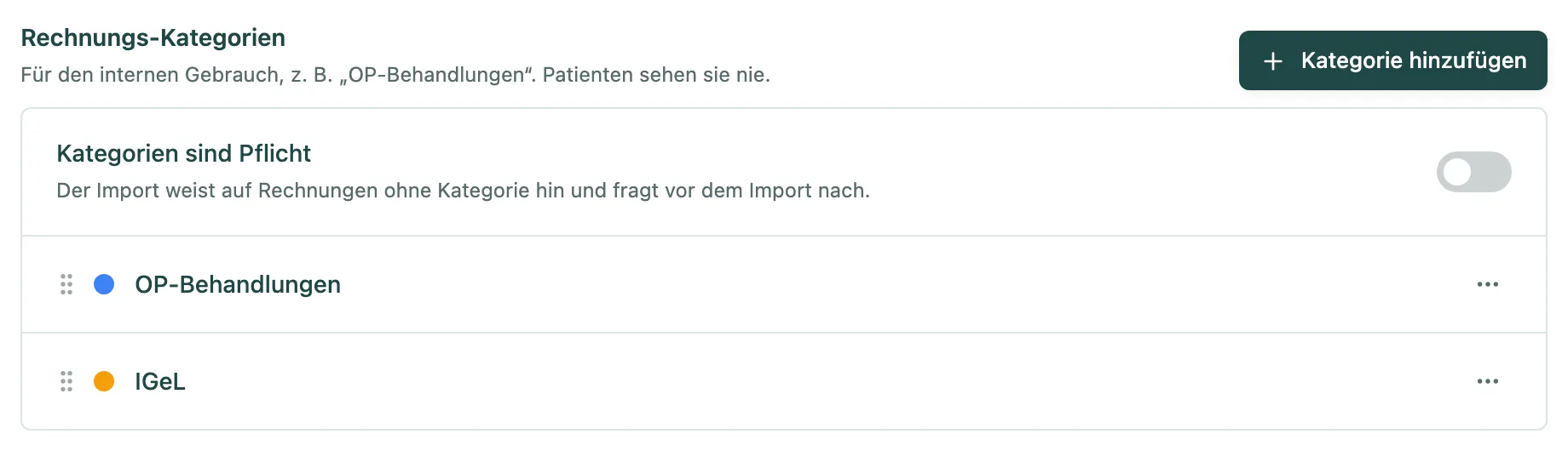 Gruppe Rechnungs-Kategorien mit zwei Kategorien und dem Schalter Kategorien sind Pflicht