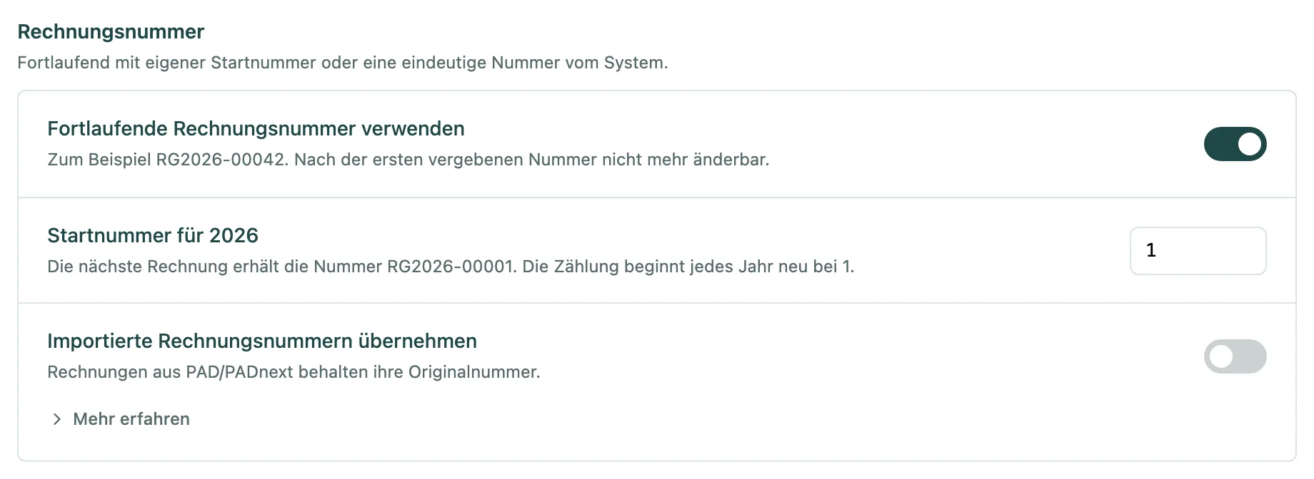 Gruppe Rechnungsnummer mit fortlaufender Nummer, Startnummer und importierten Nummern