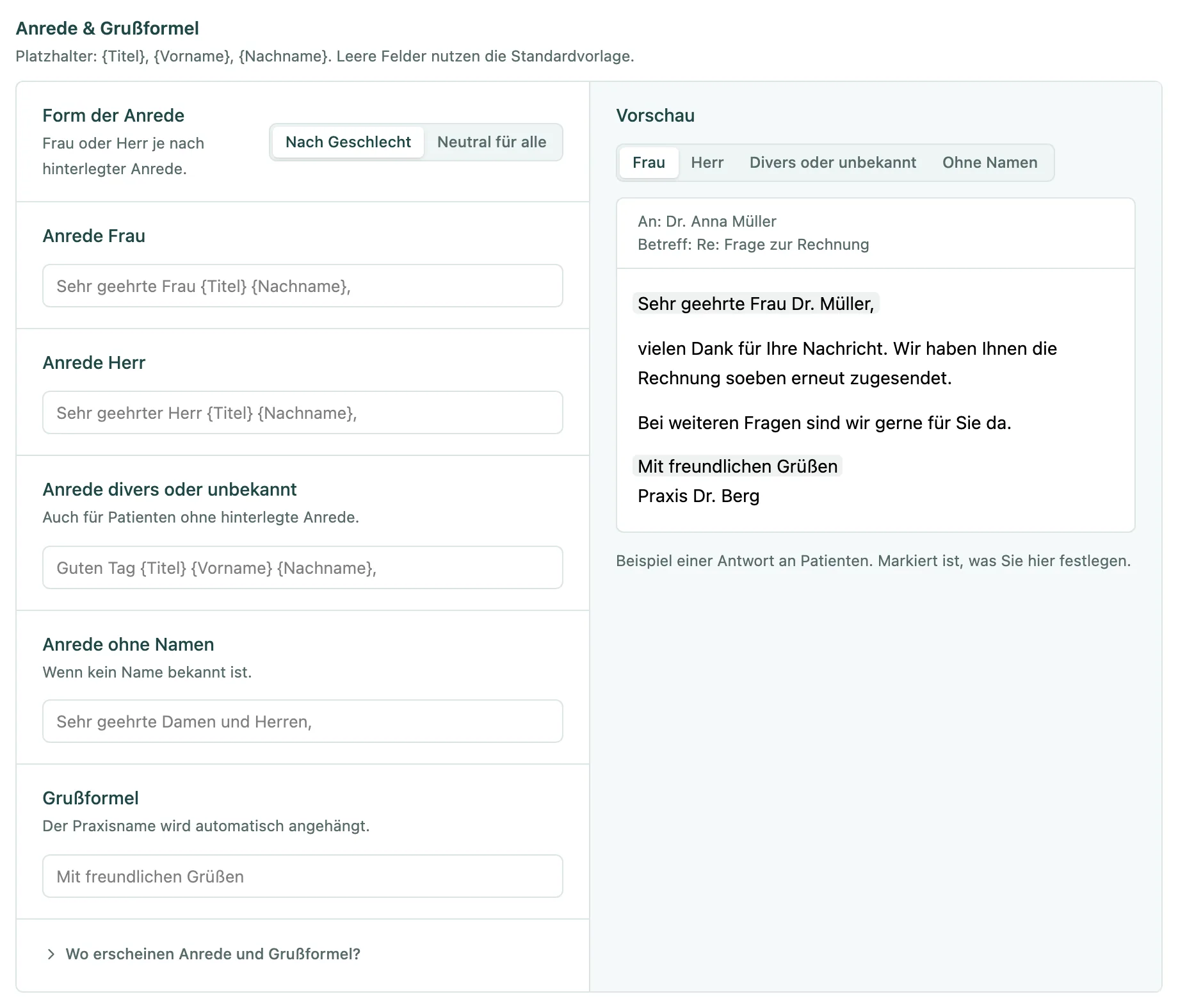 Anrede & Grußformel mit den Feldern links und einer Beispiel-E-Mail rechts