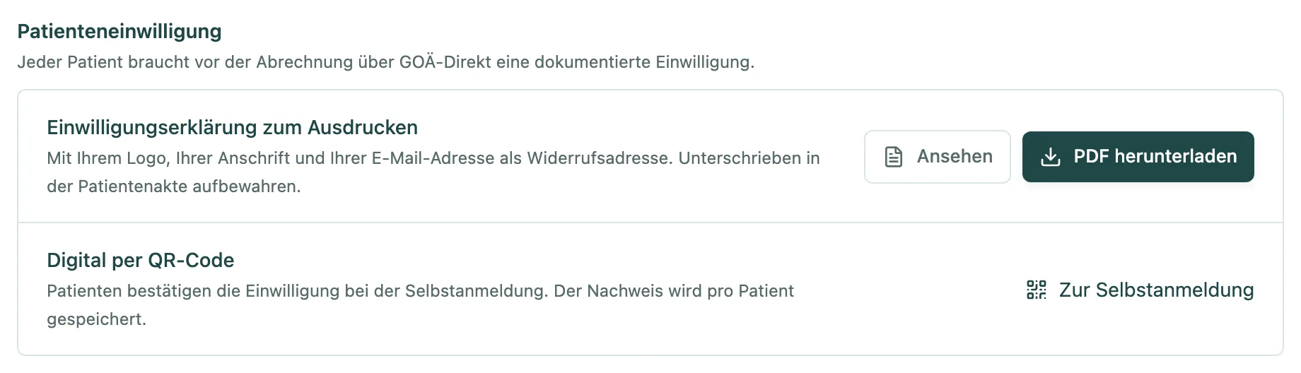 Gruppe Patienteneinwilligung mit der Einwilligungserklärung zum Ausdrucken und dem digitalen Weg
