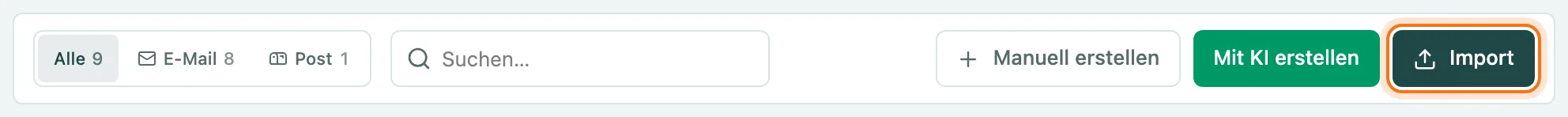 Leiste oben auf der Seite Versenden mit dem Button Import