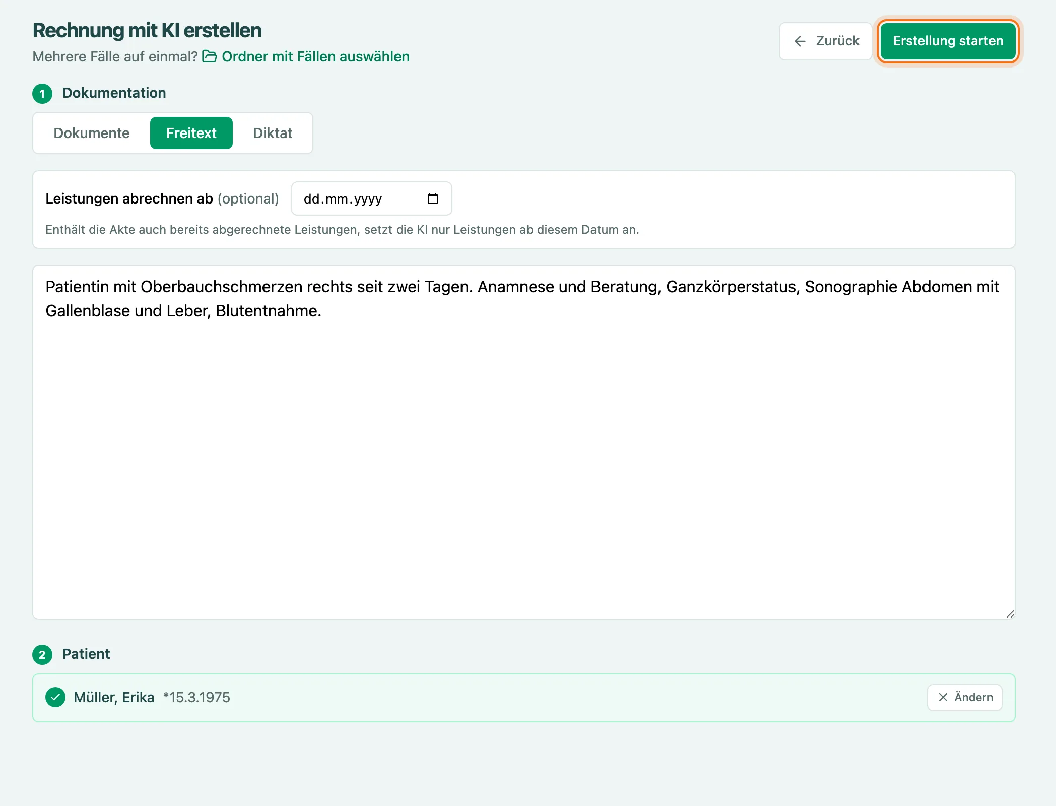 Ausgefüllter Freitext, gewählte Patientin Müller, Erika und der markierte Button Erstellung starten