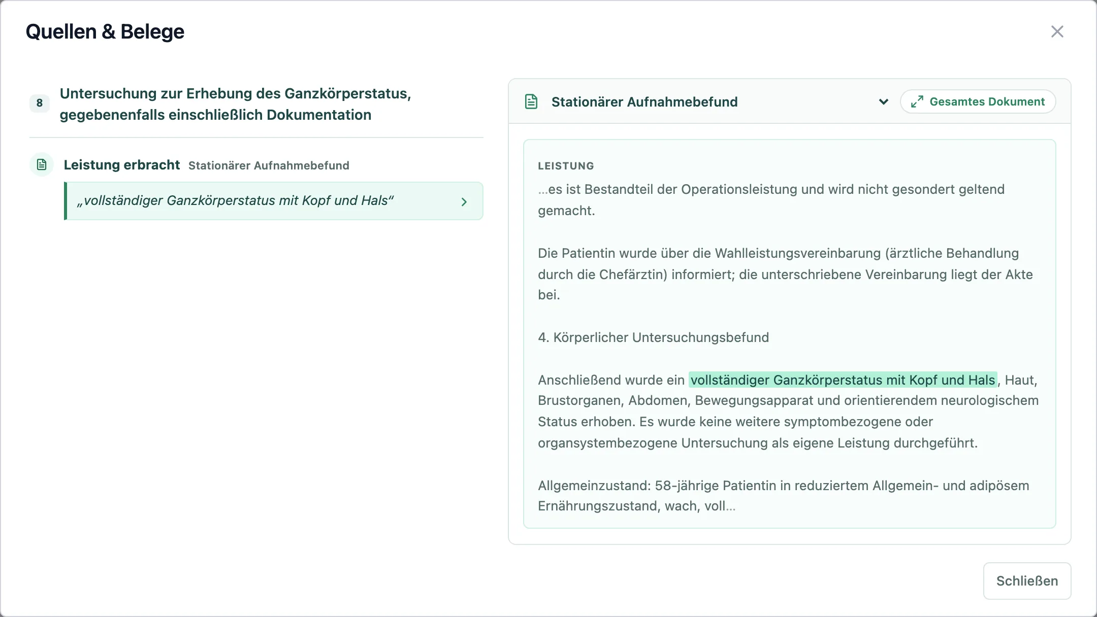 Dialog Quellen und Belege mit dem Zitat aus der Dokumentation und der markierten Stelle im Dokument