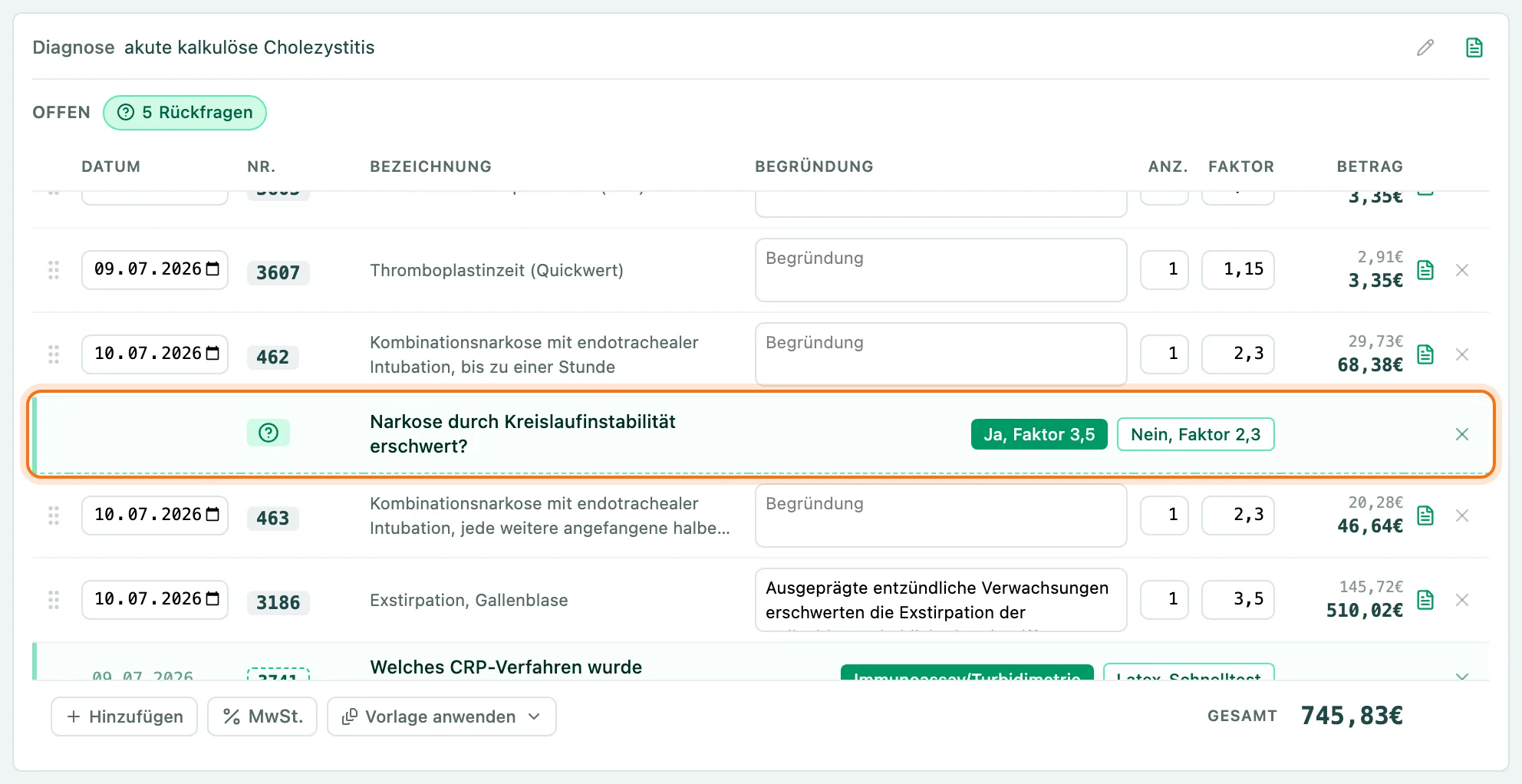 Rückfrage der KI als grüne Zeile in der Rechnung mit den Antworten Ja, Faktor 3,5 und Nein, Faktor 2,3