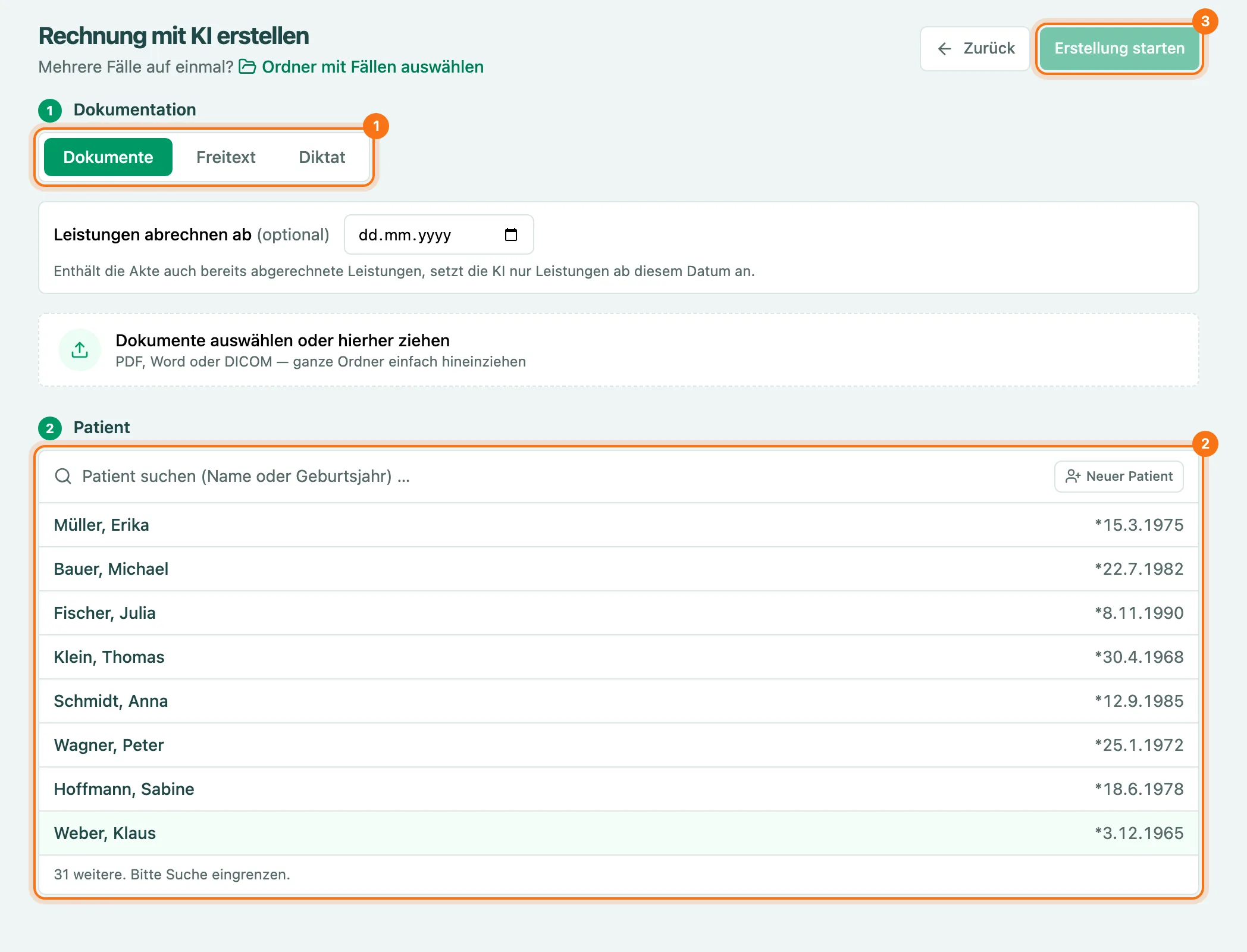 Seite Rechnung mit KI erstellen mit den Reitern Dokumente, Freitext und Diktat, der Patientenauswahl und dem Button Erstellung starten
