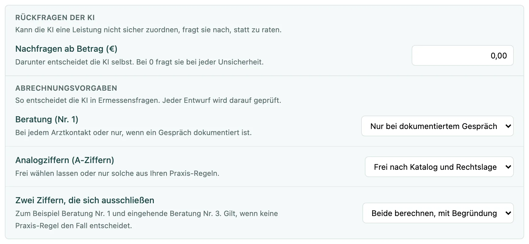 Einstellungen Rückfragen der KI mit dem Feld Nachfragen ab Betrag und die Abrechnungsvorgaben
