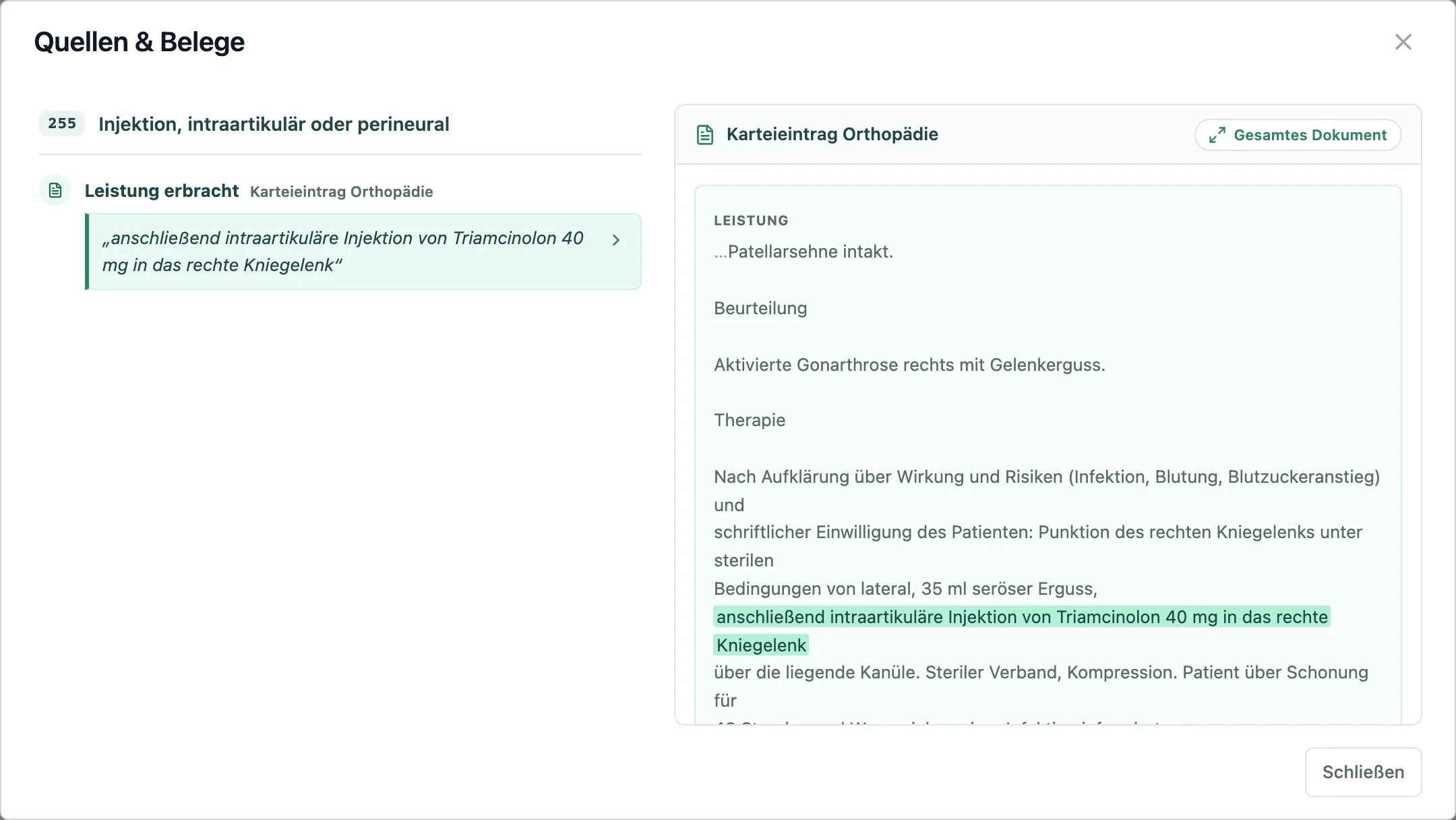 Dialog Quellen und Belege mit der markierten Textstelle zur intraartikulären Injektion