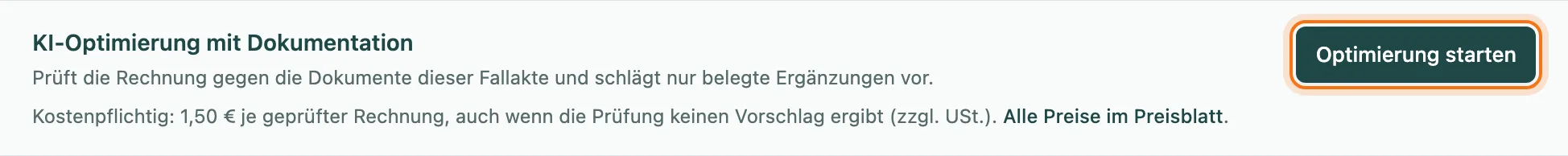 Bereich KI-Optimierung mit Dokumentation mit Preisangabe und dem markierten Button Optimierung starten