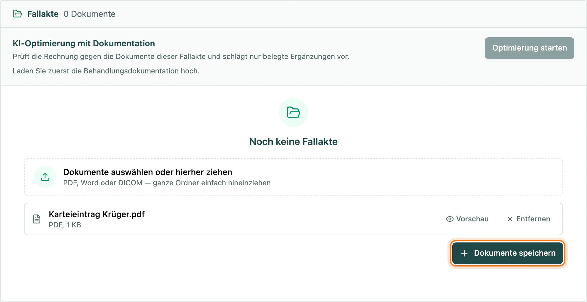 Fallakte mit einem ausgewählten Karteieintrag als PDF und dem markierten Button Dokumente speichern
