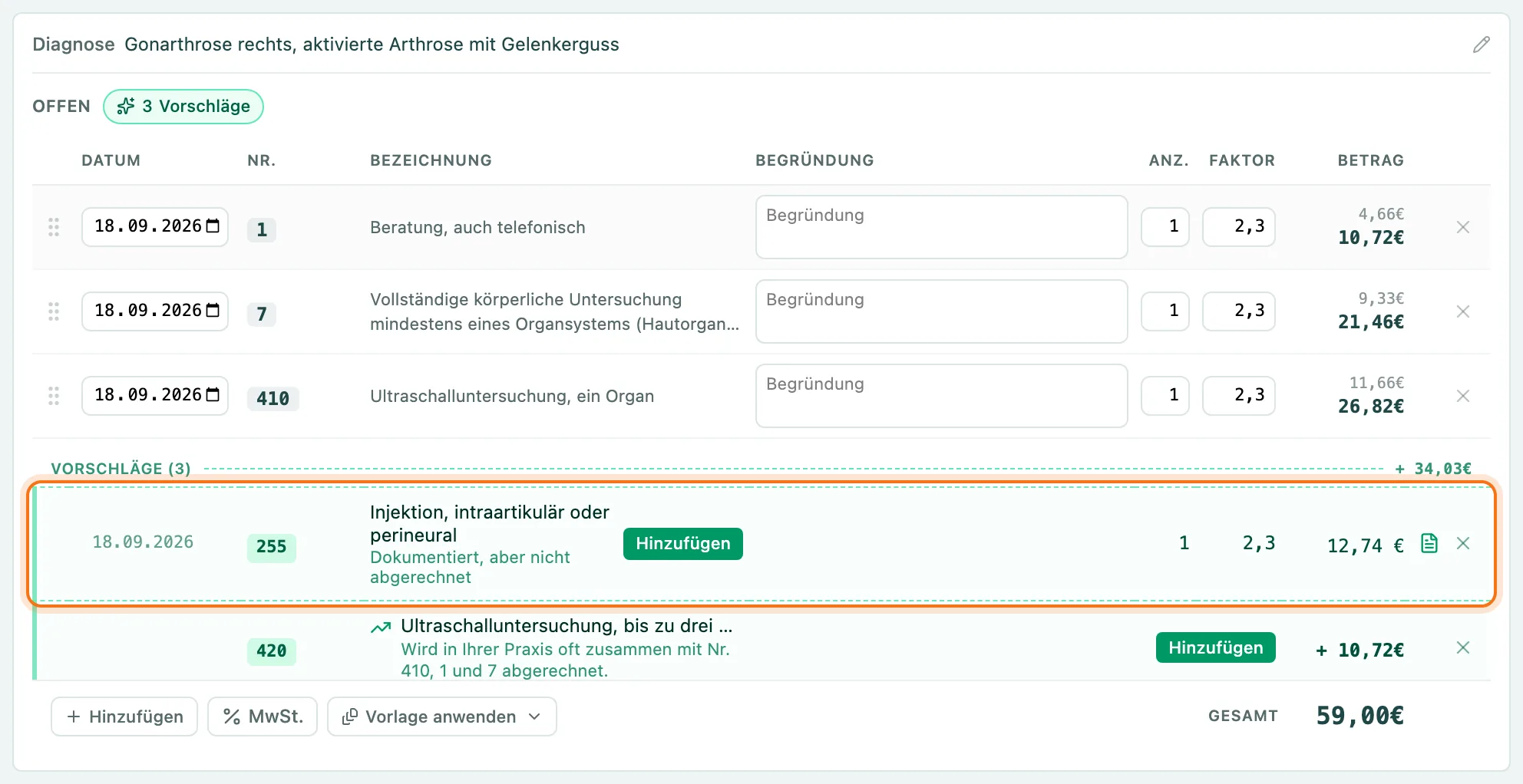 Rechnung mit dem Vorschlag Nr. 255, Dokumentiert, aber nicht abgerechnet, und dem Button Hinzufügen