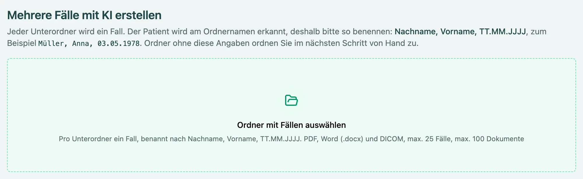 Seite Mehrere Fälle mit KI erstellen mit der Fläche Ordner mit Fällen auswählen