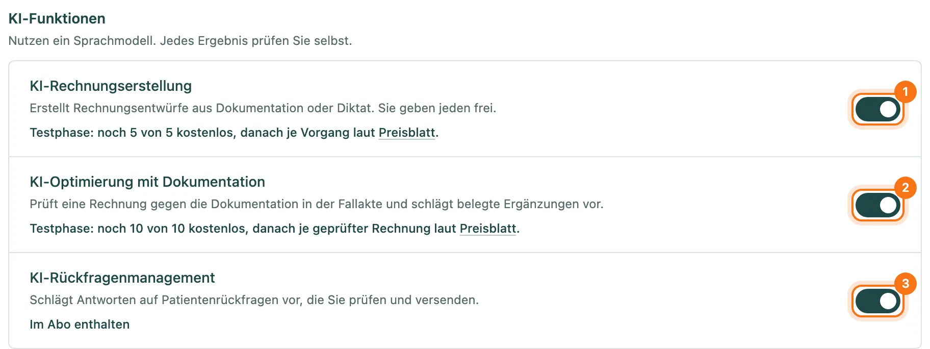 Abschnitt KI-Funktionen mit den Schaltern KI-Rechnungserstellung, KI-Optimierung mit Dokumentation und KI-Rückfragenmanagement