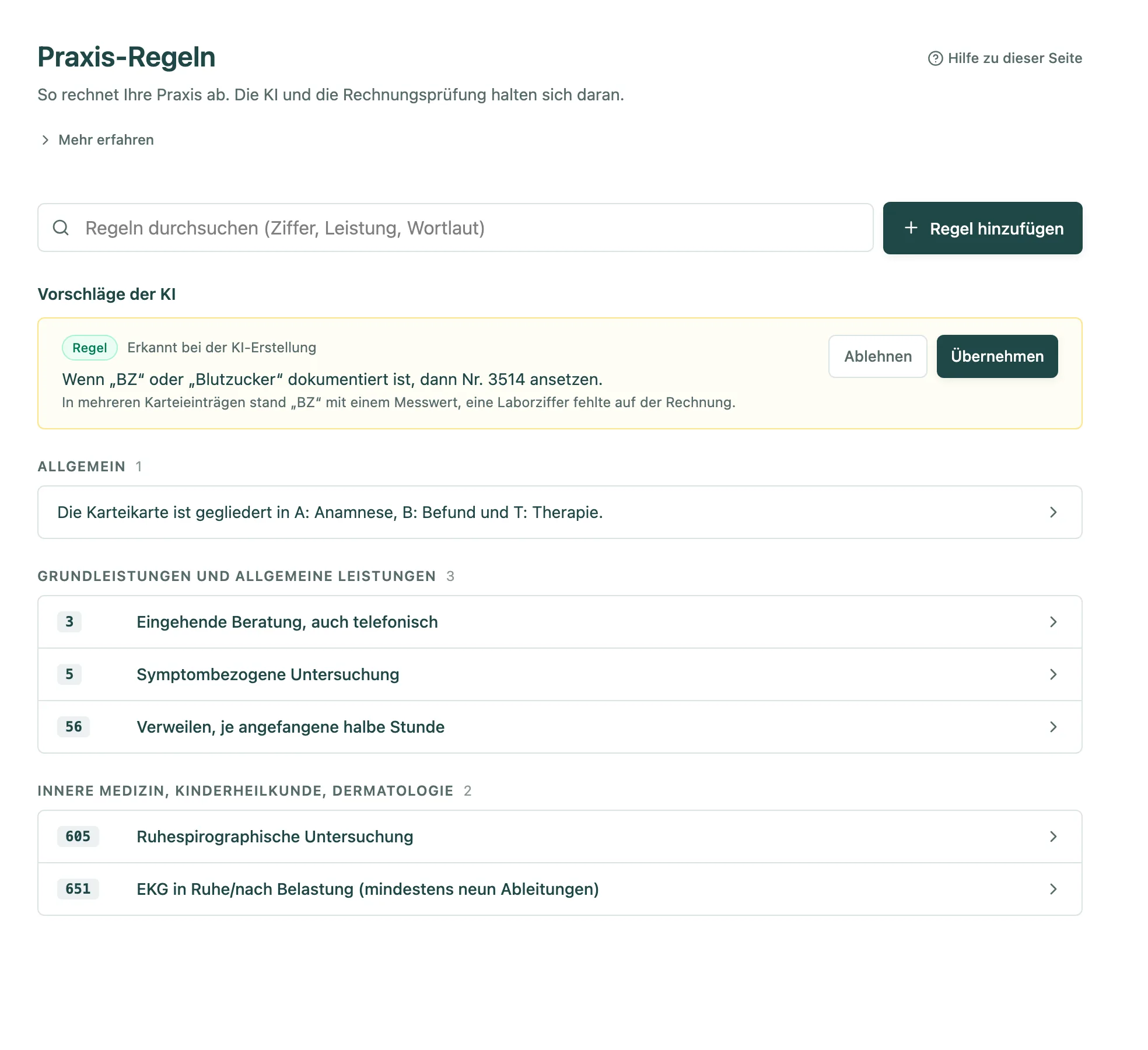 Seite KI-Anweisungen mit Suche, dem Button Anweisung hinzufügen, einem Vorschlag der KI, oben Allgemein und darunter je Ziffer eine Zeile, nach Abschnitten der GOÄ gruppiert