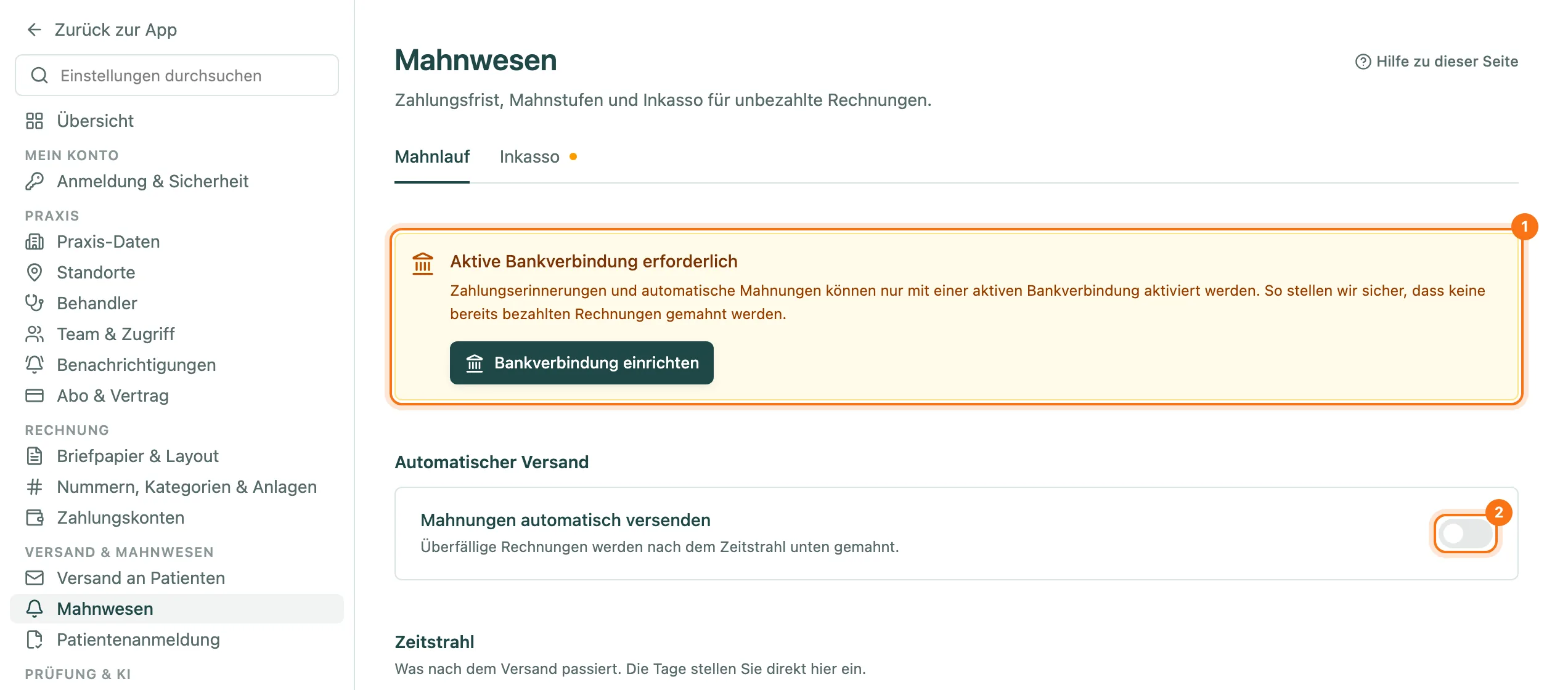 Mahnwesen mit dem Hinweis Aktive Bankverbindung erforderlich und ausgeschaltetem Schalter Mahnungen automatisch versenden