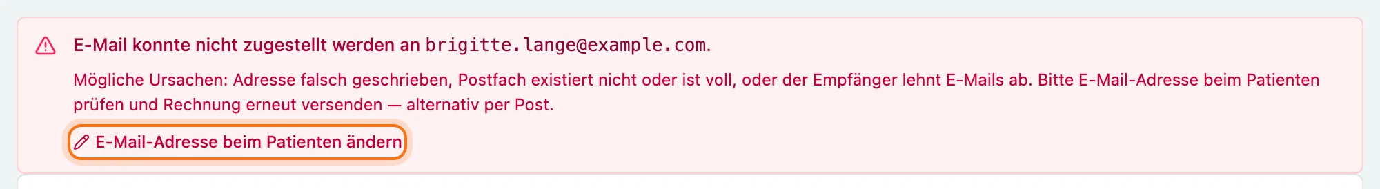 Hinweis E-Mail konnte nicht zugestellt werden mit dem Link E-Mail-Adresse beim Patienten ändern