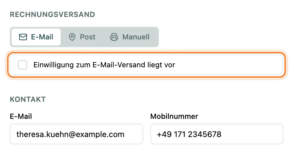 Patientenformular mit Versandart E-Mail und dem nicht gesetzten Häkchen Einwilligung zum E-Mail-Versand liegt vor