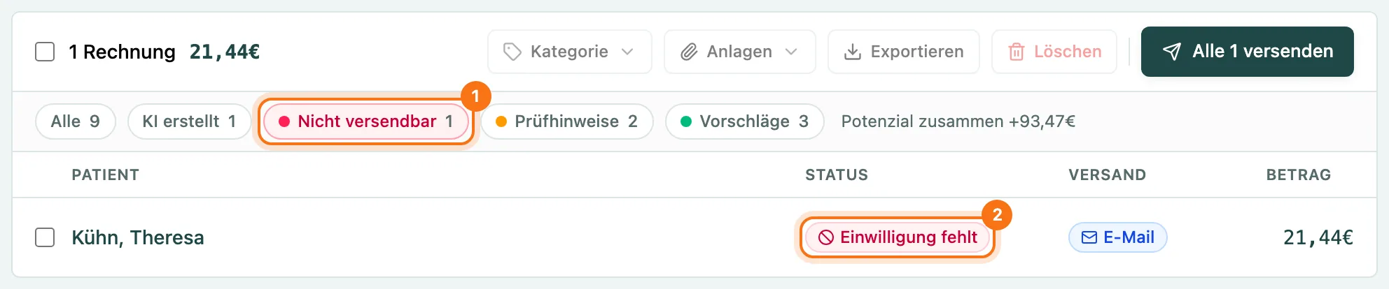 Liste Versenden mit dem Filter Nicht versendbar und dem Hinweis Einwilligung fehlt