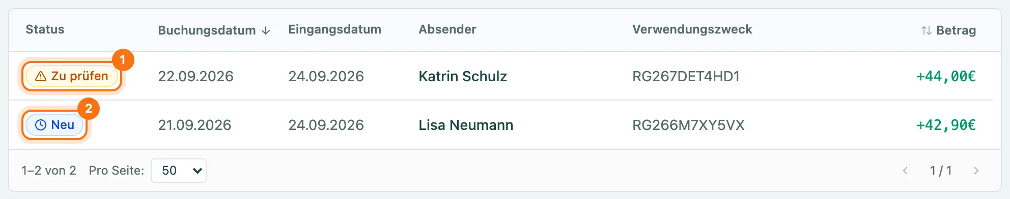 Offene Zahlungen mit den Status Zu prüfen und Neu