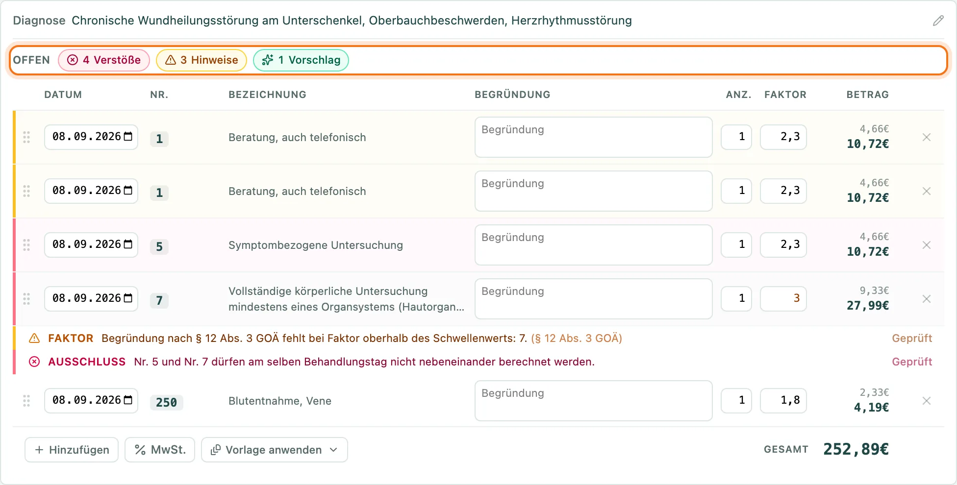 Rechnung mit 4 Verstößen, 3 Hinweisen und 1 Vorschlag, darunter die Befunde Faktor und Ausschluss direkt unter der Position