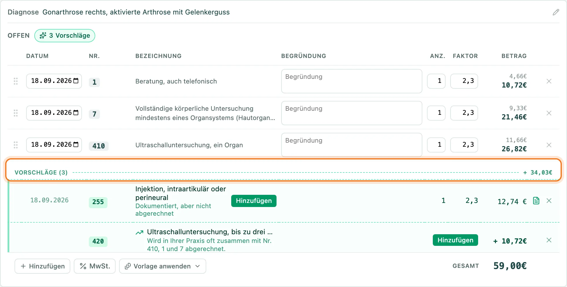 Rechnung mit drei Vorschlägen unter der Trennlinie Vorschläge, jeweils mit Button Hinzufügen und möglichem Mehrbetrag