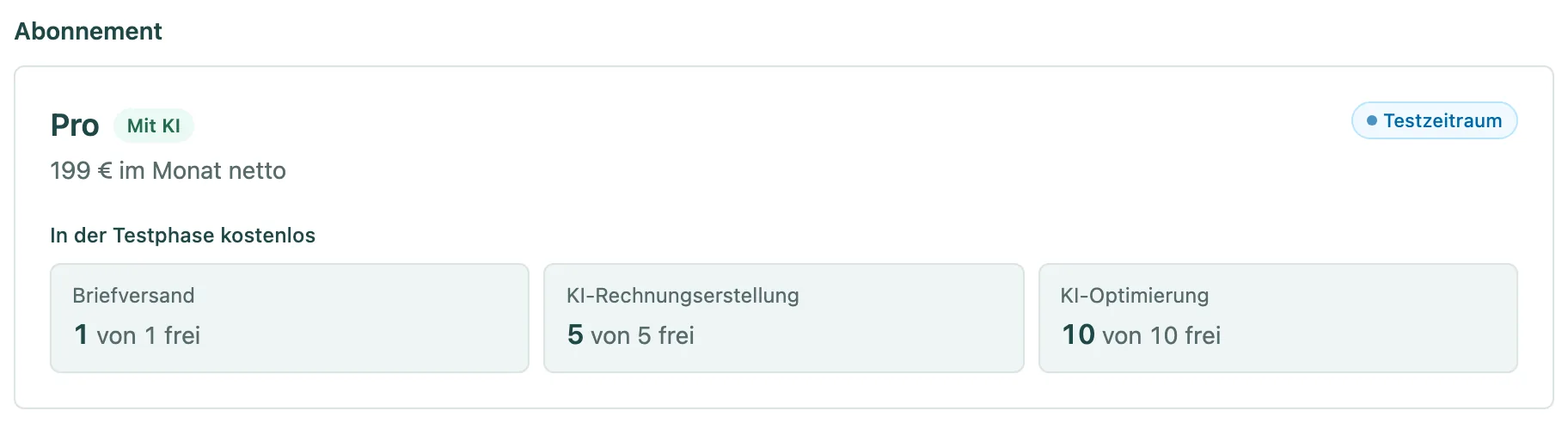 Abo und Vertrag mit Stufe Pro, Preis und Freikontingent der Testphase